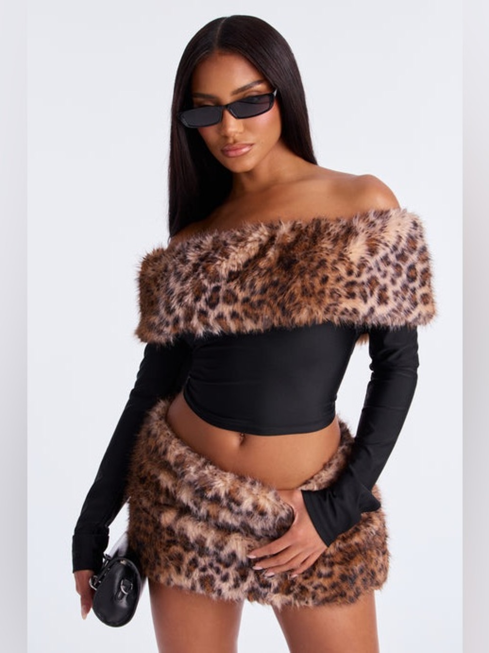 FASHION NOVA Body Language Off-Shoulder Black and Leopard Faux-Fur skirt set XS - Picture 1 of 6